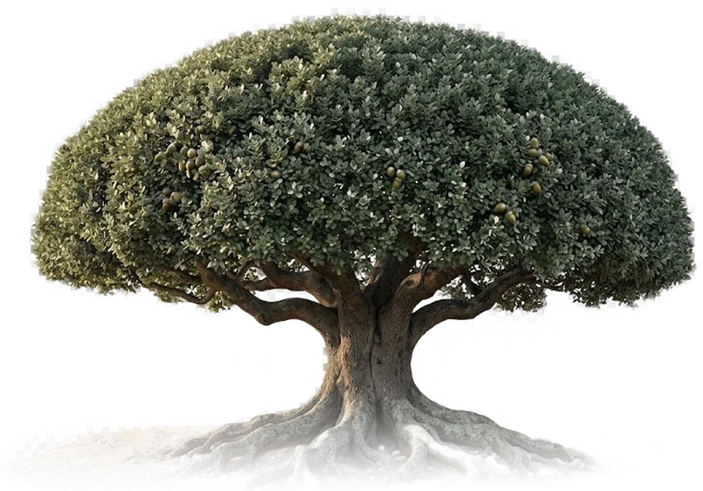 Azinheira de copa larga e baixa, com as raízes à vista sobre terra clara que se desvanece.