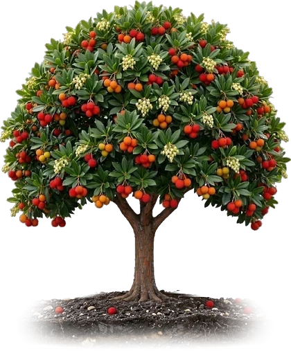 Um medronheiro carregado de frutos vermelhos e laranja, com flores brancas em cacho.