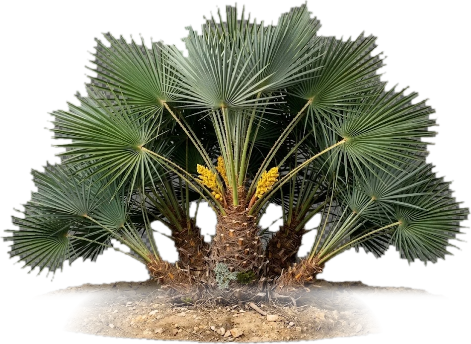 Palmeira-anã em tufo, com folhas em leque, a única palmeira nativa da Europa.